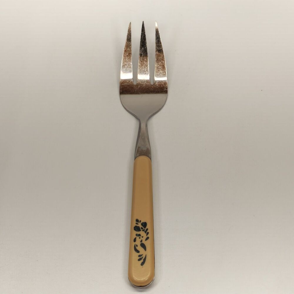 Pfaltzgraff Folk Art Serving Fork Yellow Dark Blue Floral Handle Vintage...